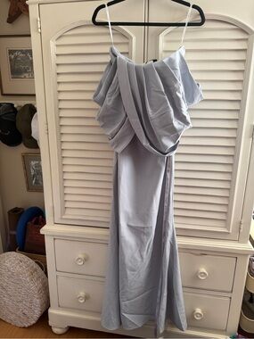 Gorgeous Club L London Light Blue Gray Ruffled Off-Shoulder Maxi Dress